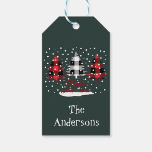 buffalo plaid trees decorate Personalised Gift Tags