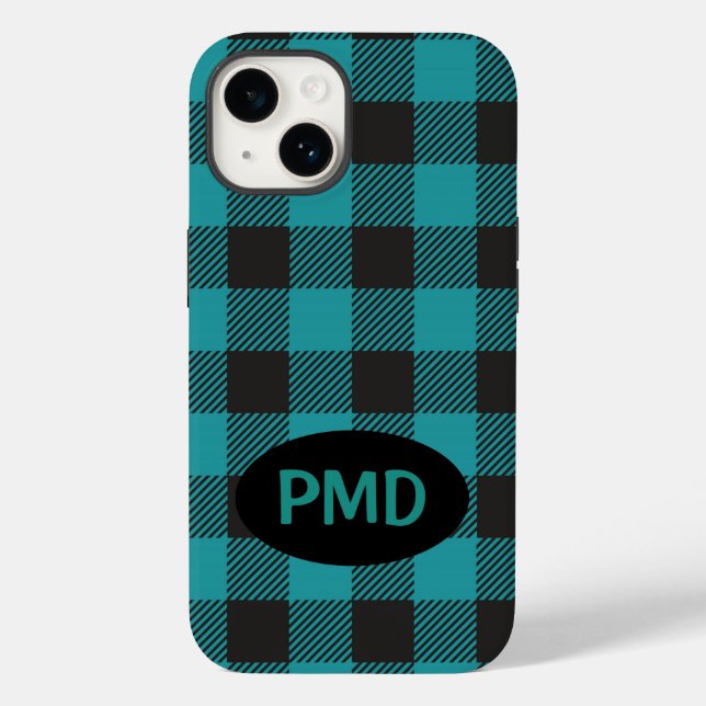 Buffalo Plaid Turquoise Teal Blue Black Monogram Case-Mate iPhone Case (Back)