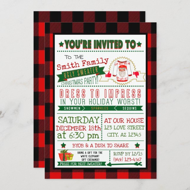 Buffalo Plaid Ugly Sweater Christmas Party Invite (Front/Back)
