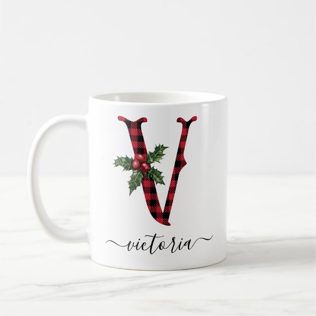 Buffalo Plaid V Monogram Christmas Coffee Mug (Left)