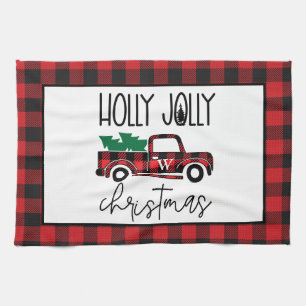 Buffalo Plaid Vintage Truck  Tree Monogrammed Tea Towel