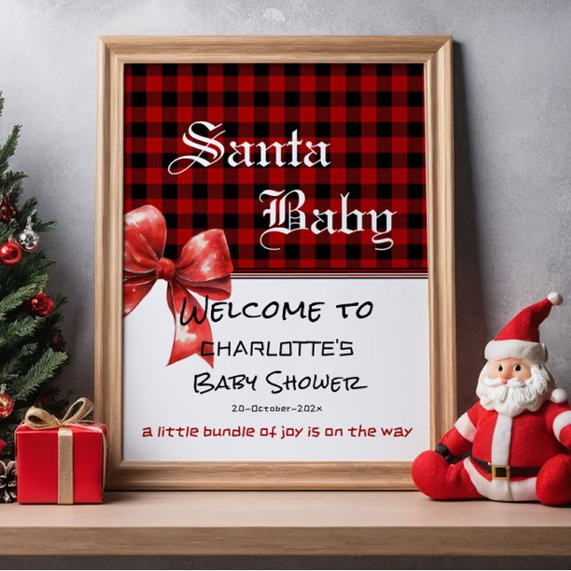 Buffalo Plaid Watercolor Bow Baby Shower Welcome Poster (Creator Uploaded)