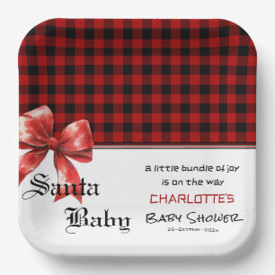Buffalo Plaid Watercolor Red Bow Baby Shower Paper Plate
