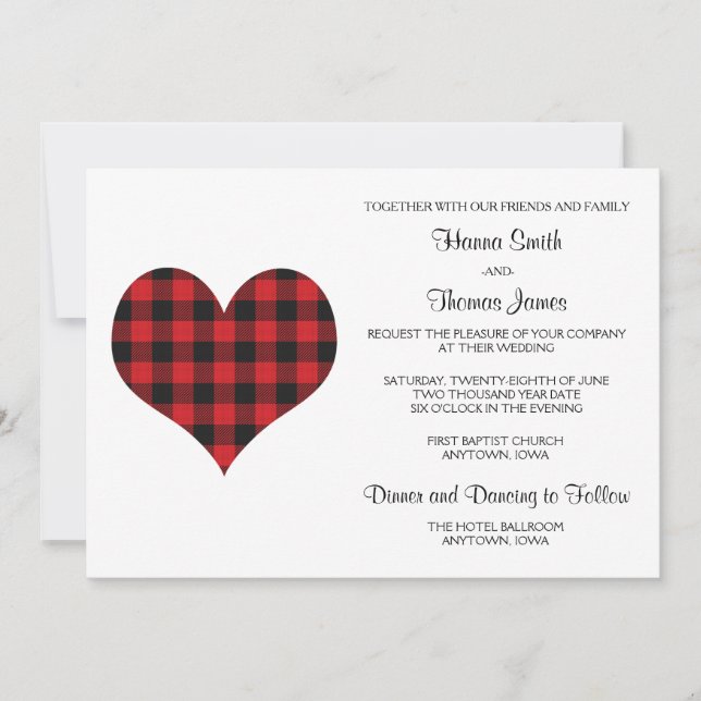 Buffalo Plaid Wedding Black Red Heart Invitation (Front)