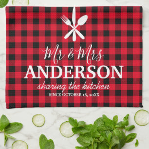 Buffalo Plaid Wedding Couple Name Tea Towel