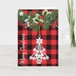 Buffalo Plaid White Christmas Tree Ornament Holiday Card