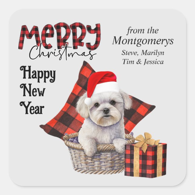 Buffalo Plaid White Maltese Dog Christmas Square Sticker (Front)