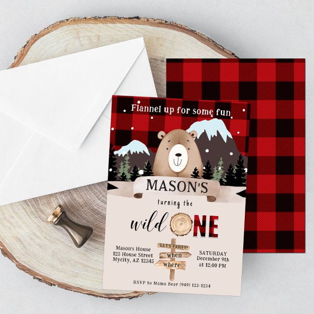 Buffalo Plaid Wild One Bear 1st Birthday Invitation (Creator Uploaded)