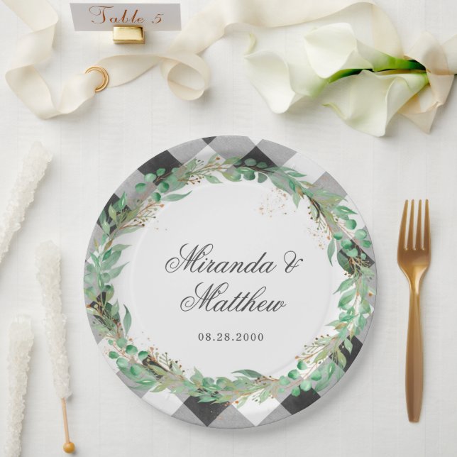 Buffalo Plaid Winter Green Wreath Wedding Paper Plate (Wedding)
