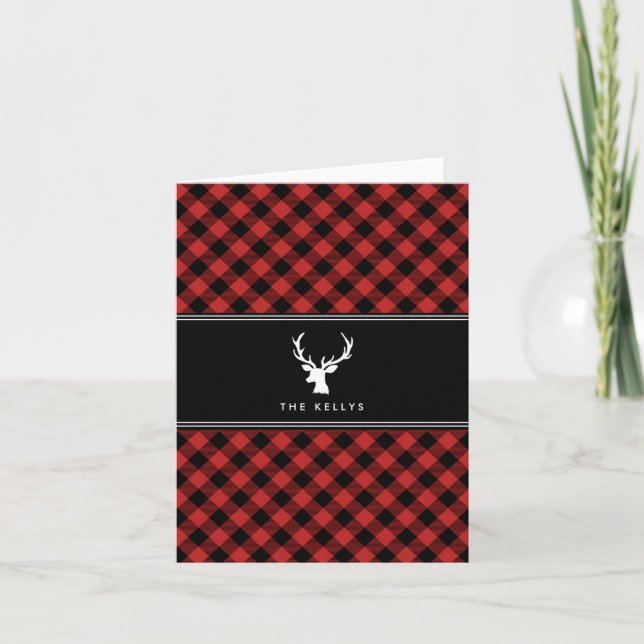 Buffalo Plaid with Deer, Red, Personalized Holiday Card (Front)