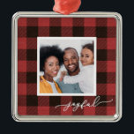 Buffalo Plaid with Joyful Script Photo Christmas Metal Ornament<br><div class="desc">Red buffalo plaid joyful script photo Christmas Ornament.</div>