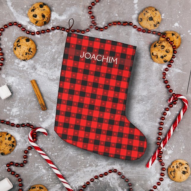    Buffalo Plaid With Tiny Stars Personalised Name Large Christmas Stocking (Creator Uploaded)