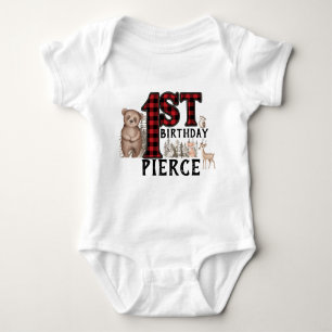 Buffalo Plaid Woodland Animals 1st Birthday Baby Bodysuit