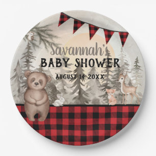 Buffalo Plaid woodland animals Baby shower Paper Plate