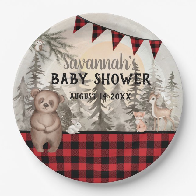 Buffalo Plaid woodland animals Baby shower Paper Plate (Front)