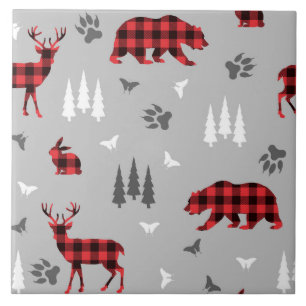 Buffalo Plaid Woodland Animals Pattern Ceramic Tile