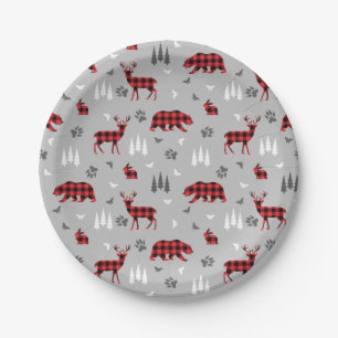 Buffalo Plaid Woodland Animals Pattern Paper Plate