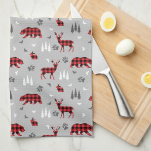 Buffalo Plaid Woodland Animals Pattern Tea Towel