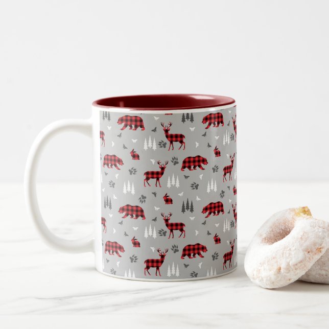 Buffalo Plaid Woodland Animals Pattern Two-Tone Coffee Mug (With Donut)