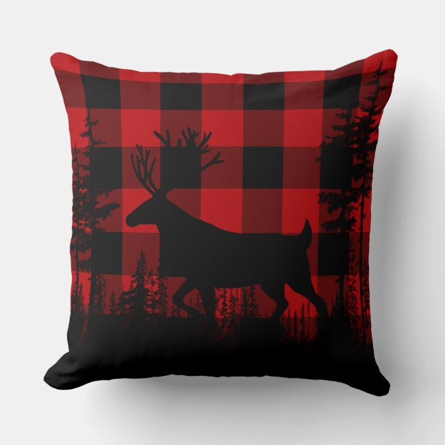 Buffalo Plaid Woodland Pine Forest Stag Cushion (Front)
