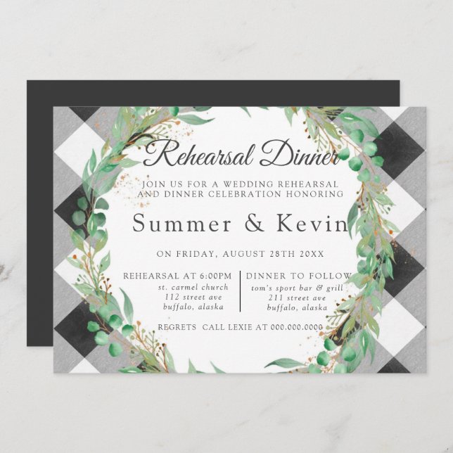 Buffalo Plaid Wreath Gold Rehearsal Dinner Invitation (Front/Back)
