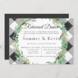 Buffalo Plaid Wreath Gold Rehearsal Dinner Invitation<br><div class="desc">This design features a Buffalo plaid lumberjack dark grey chequered plain with a greenery Christmas winter wreath with gold glitter dust. Great for your wedding celebrations!</div>