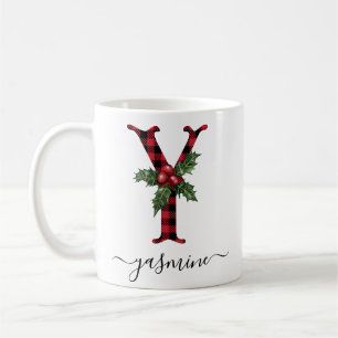 Buffalo Plaid Y Monogram Christmas Coffee Mug