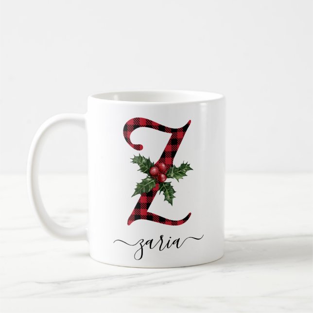 Buffalo Plaid Z Monogram Christmas Coffee Mug (Left)