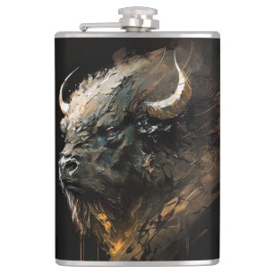 Buffalo Portrait Animal Nature Wildlife Art Hip Flask