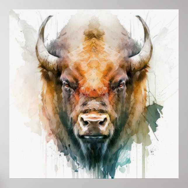 Buffalo Portrait Animal Painting Wildlife Outdoors Poster (Front)
