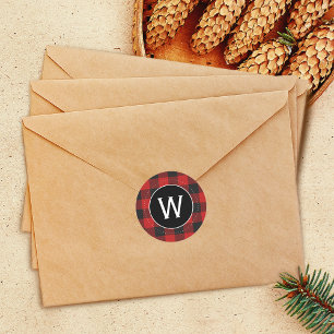 Buffalo Red and Black Plaid Monogram Classic Round Sticker