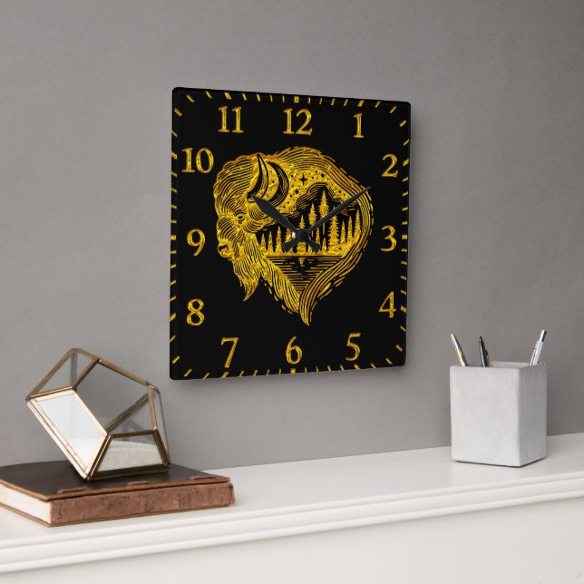 Buffalo Silhouette With Mountains Design Square Wall Clock (Office)