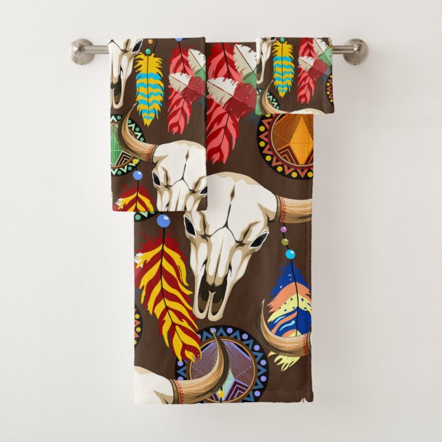 Buffalo Skull Native American Emblem Bath Towel Set (Insitu)