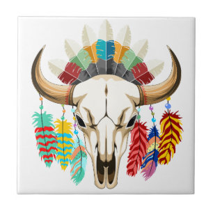 Buffalo Skull Native American Emblem Ceramic Tile