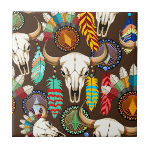 Buffalo Skull Native American Emblem Ceramic Tile