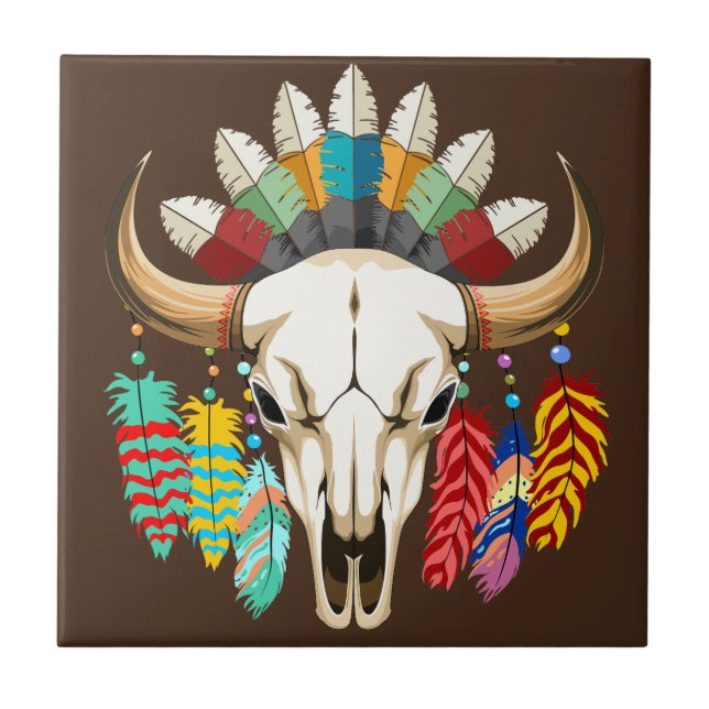 Buffalo Skull Native American Emblem Ceramic Tile (Front)