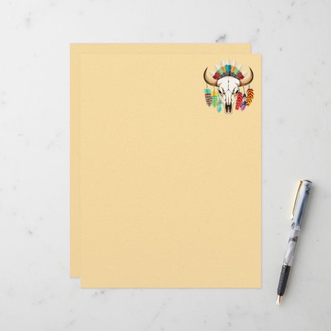 Buffalo Skull Native American Emblem Custom Letterhead (Front/Back In Situ)