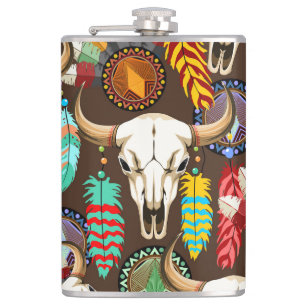 Buffalo Skull Native American Emblem Hip Flask