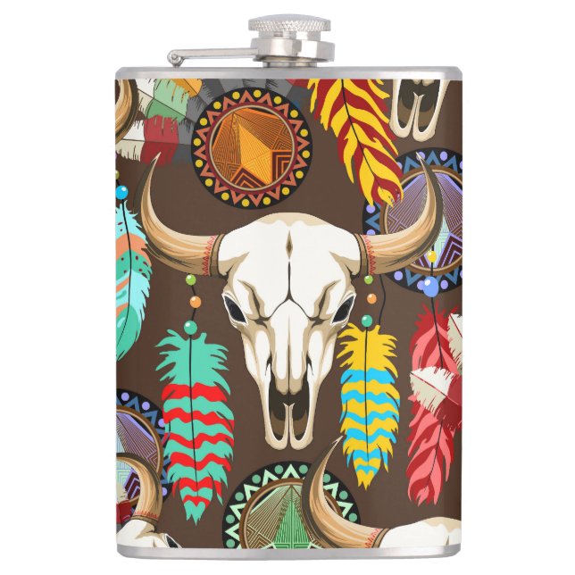 Buffalo Skull Native American Emblem Hip Flask (Front)