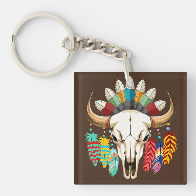 Buffalo Skull Native American Emblem Key Ring (Front)