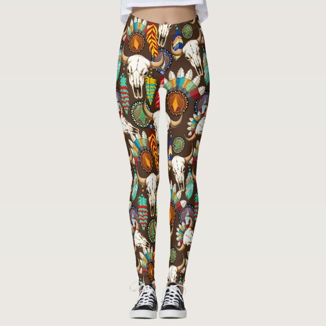 Buffalo Skull Native American Emblem Leggings (Front)