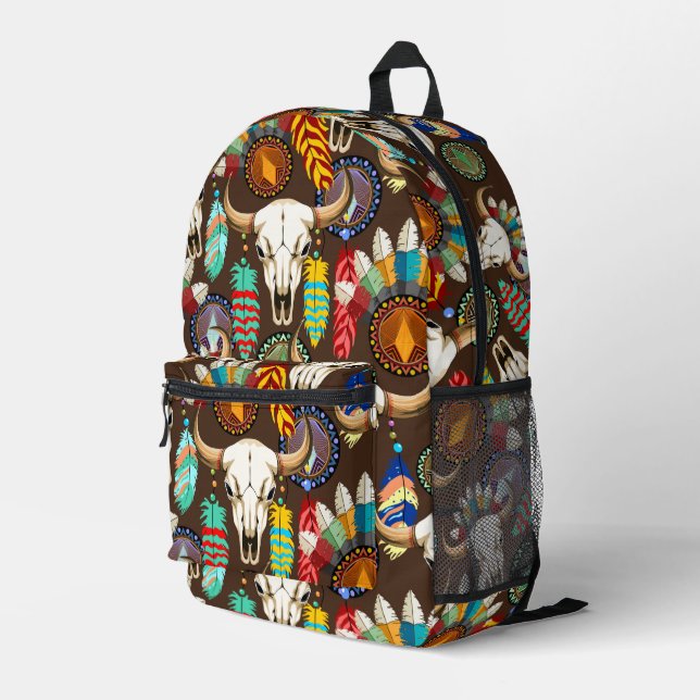 Buffalo Skull Native American Emblem Printed Backpack (Back Corner Right)