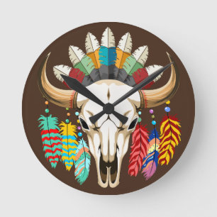Buffalo Skull Native American Emblem Round Clock