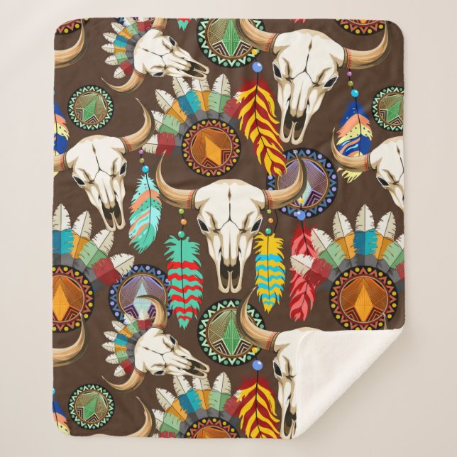 Buffalo Skull Native American Emblem Sherpa Blanket (Front)