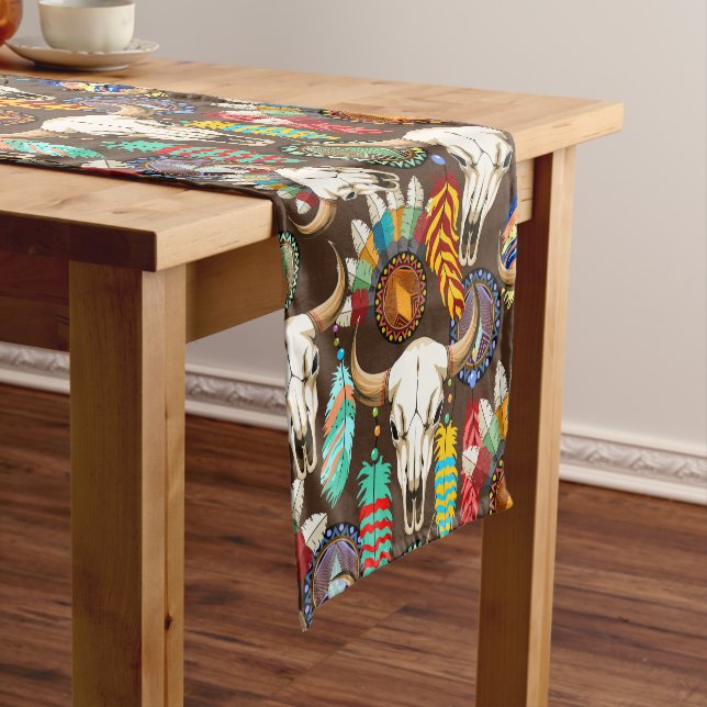 Buffalo Skull Native American Emblem Short Table Runner (In Situ)