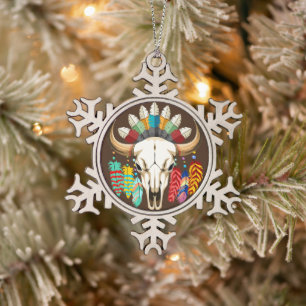 Buffalo Skull Native American Emblem Snowflake Pewter Christmas Ornament