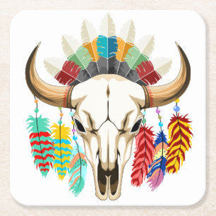 Buffalo Skull Native American Emblem Square Paper Coaster