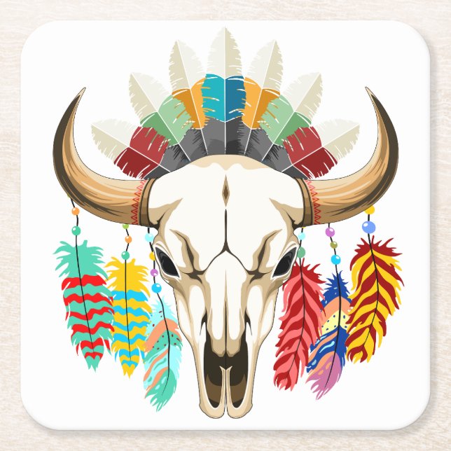 Buffalo Skull Native American Emblem Square Paper Coaster (Front)