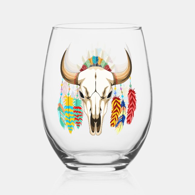 Buffalo Skull Native American Emblem Stemless Wine Glass (Front)