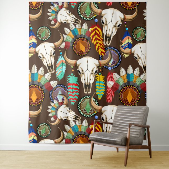 Buffalo Skull Native American Emblem Tapestry (In Situ)